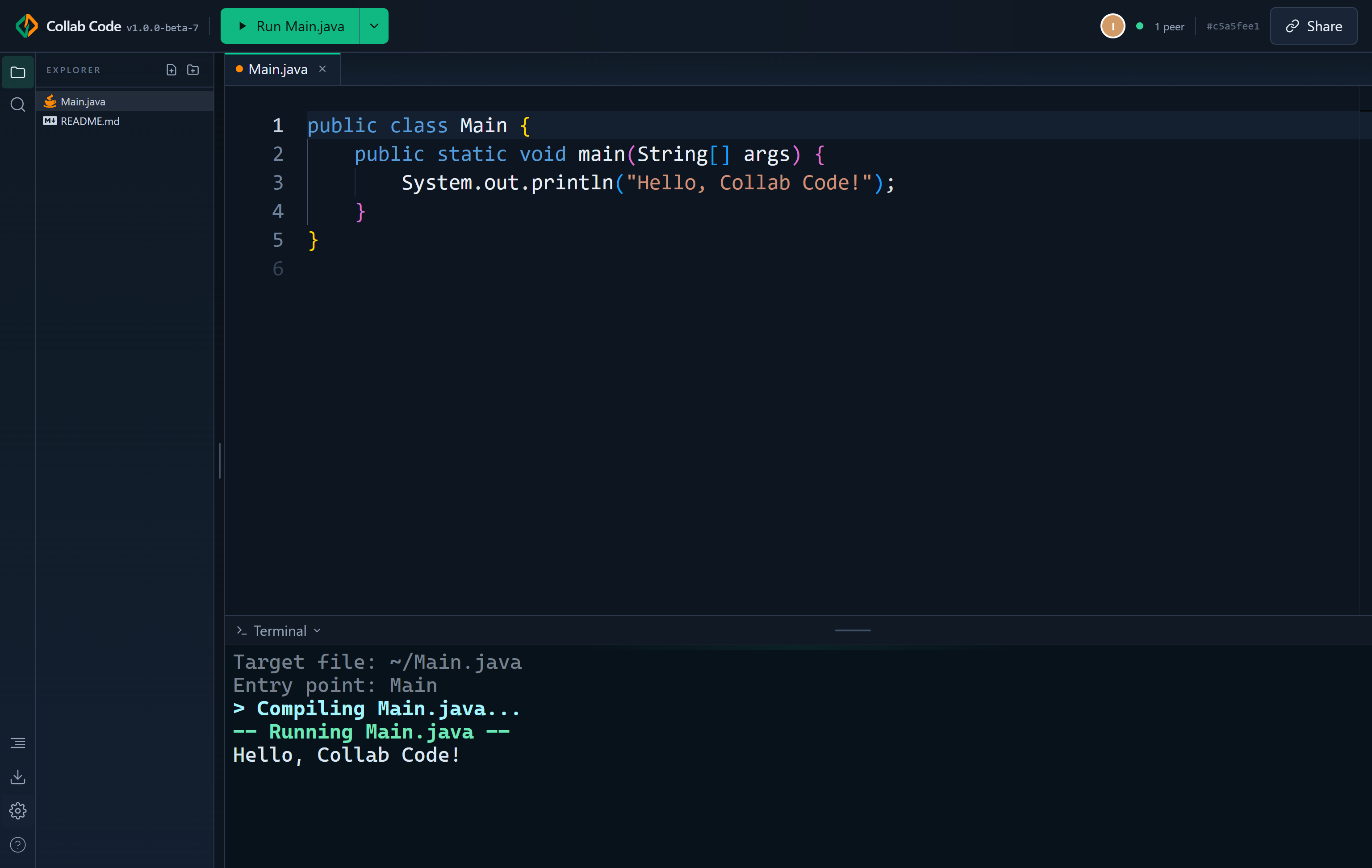 Collab Code editor interface with shared terminal