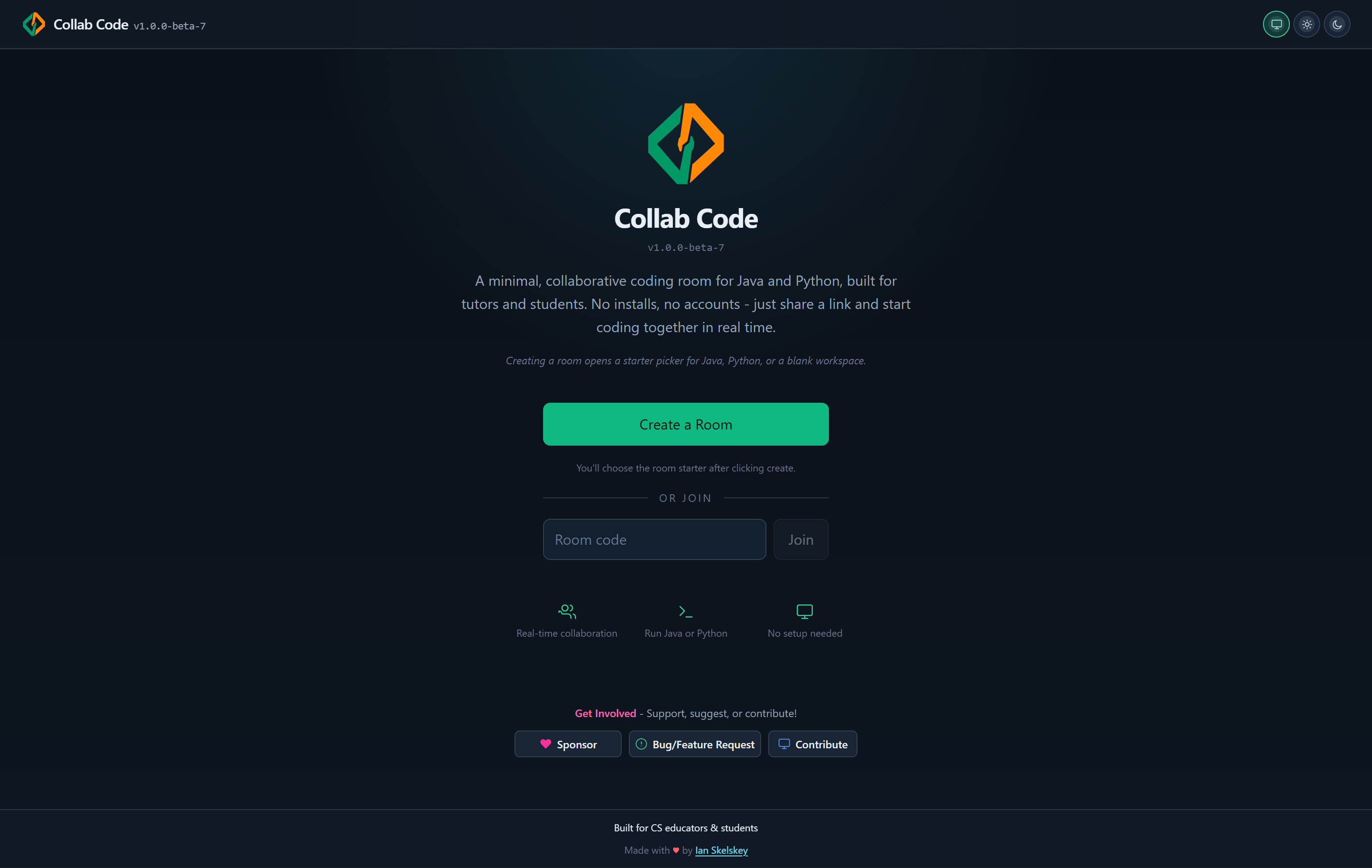 Collab Code landing page with room creation