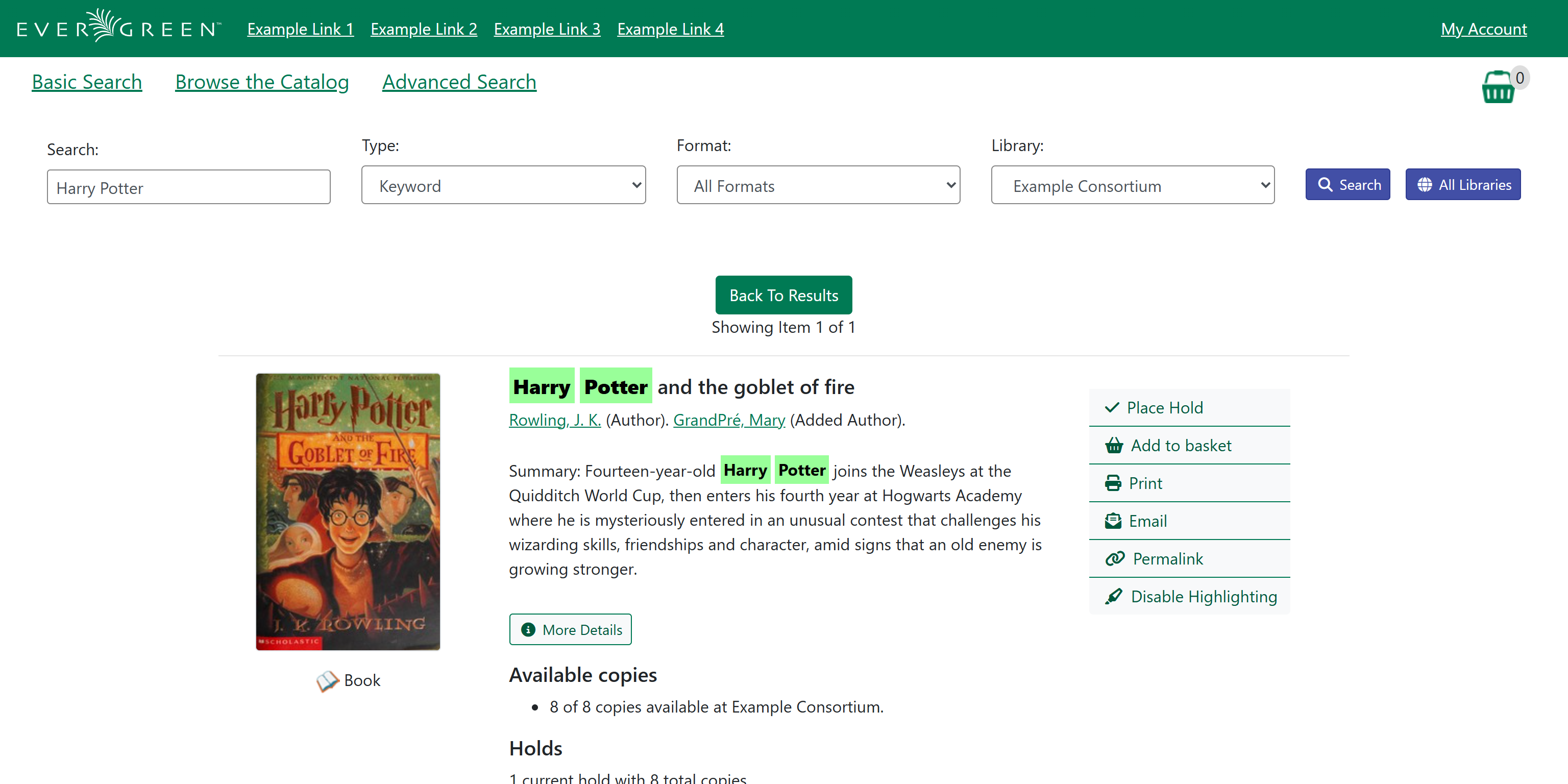 Evergreen public catalog search results