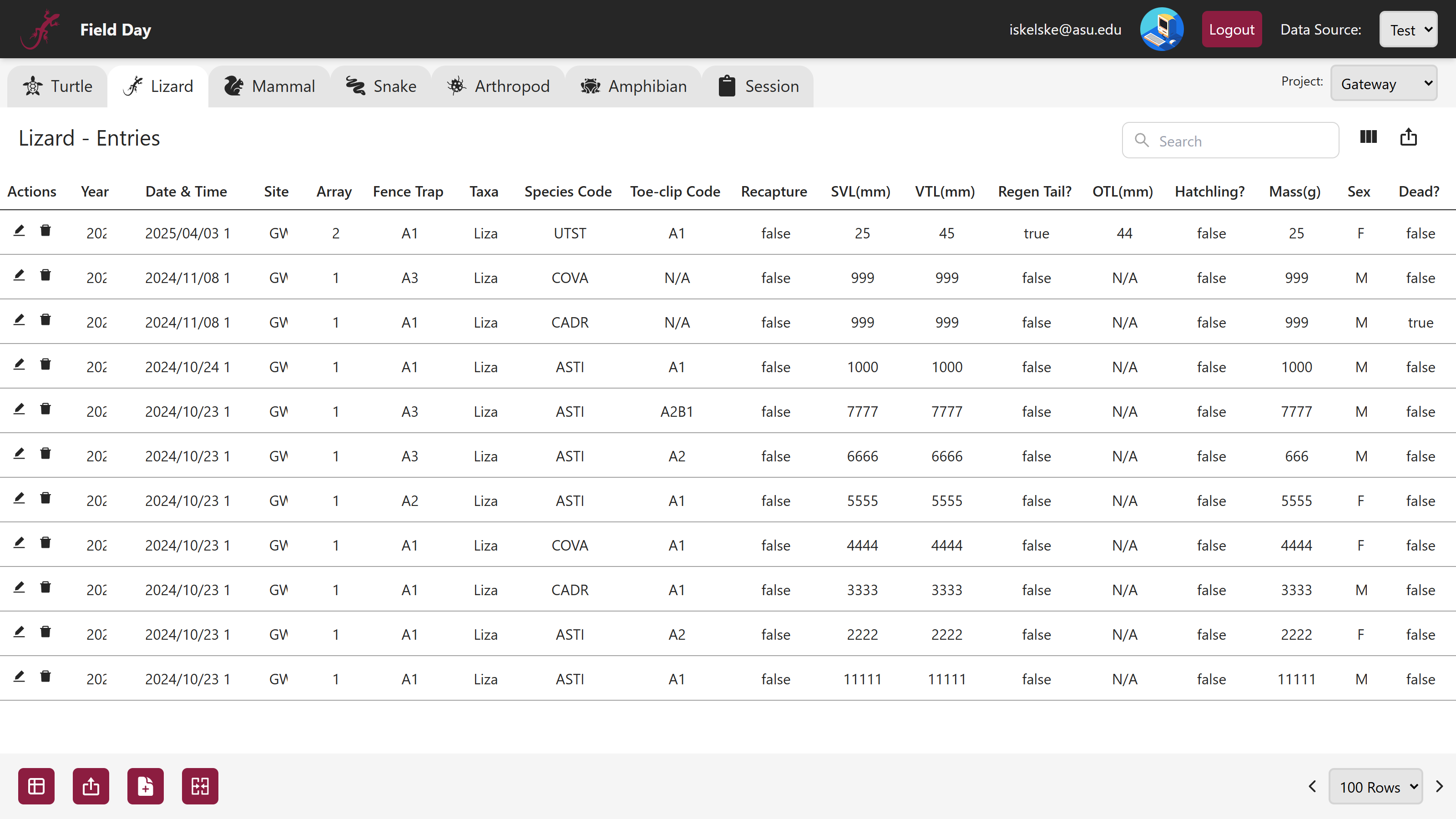 Field Day Web UI showing lizard entries table