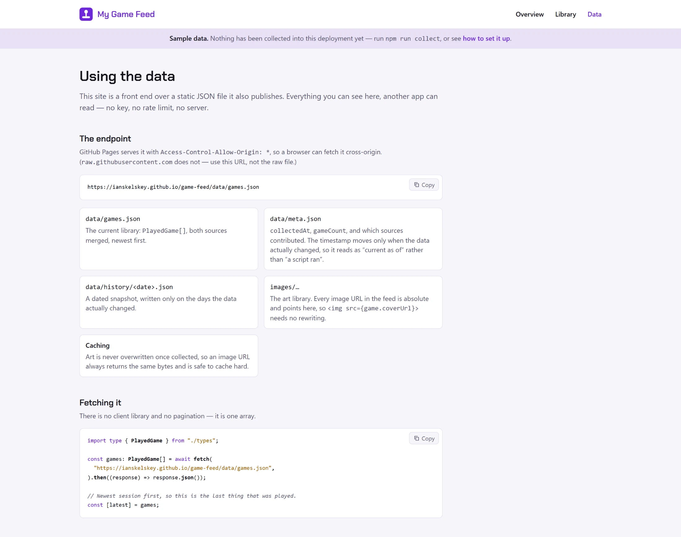 Data page documenting the feed endpoint, the files it publishes, and a fetch example