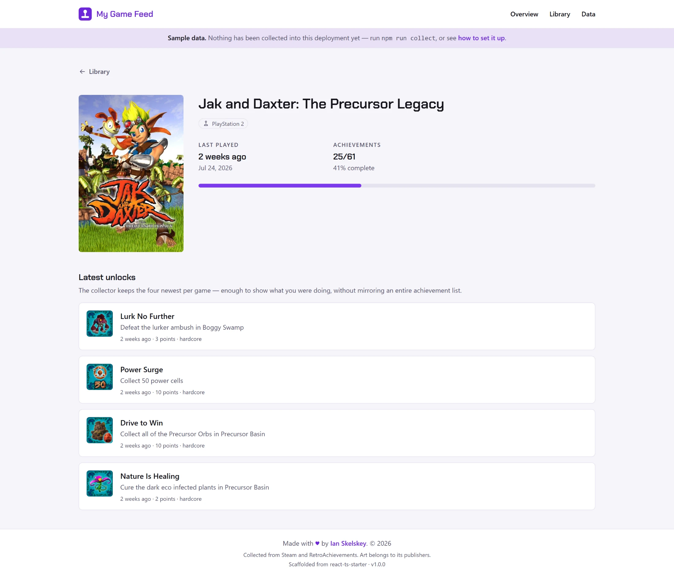 Game detail page with cover art, completion meter, and the four most recent achievement unlocks