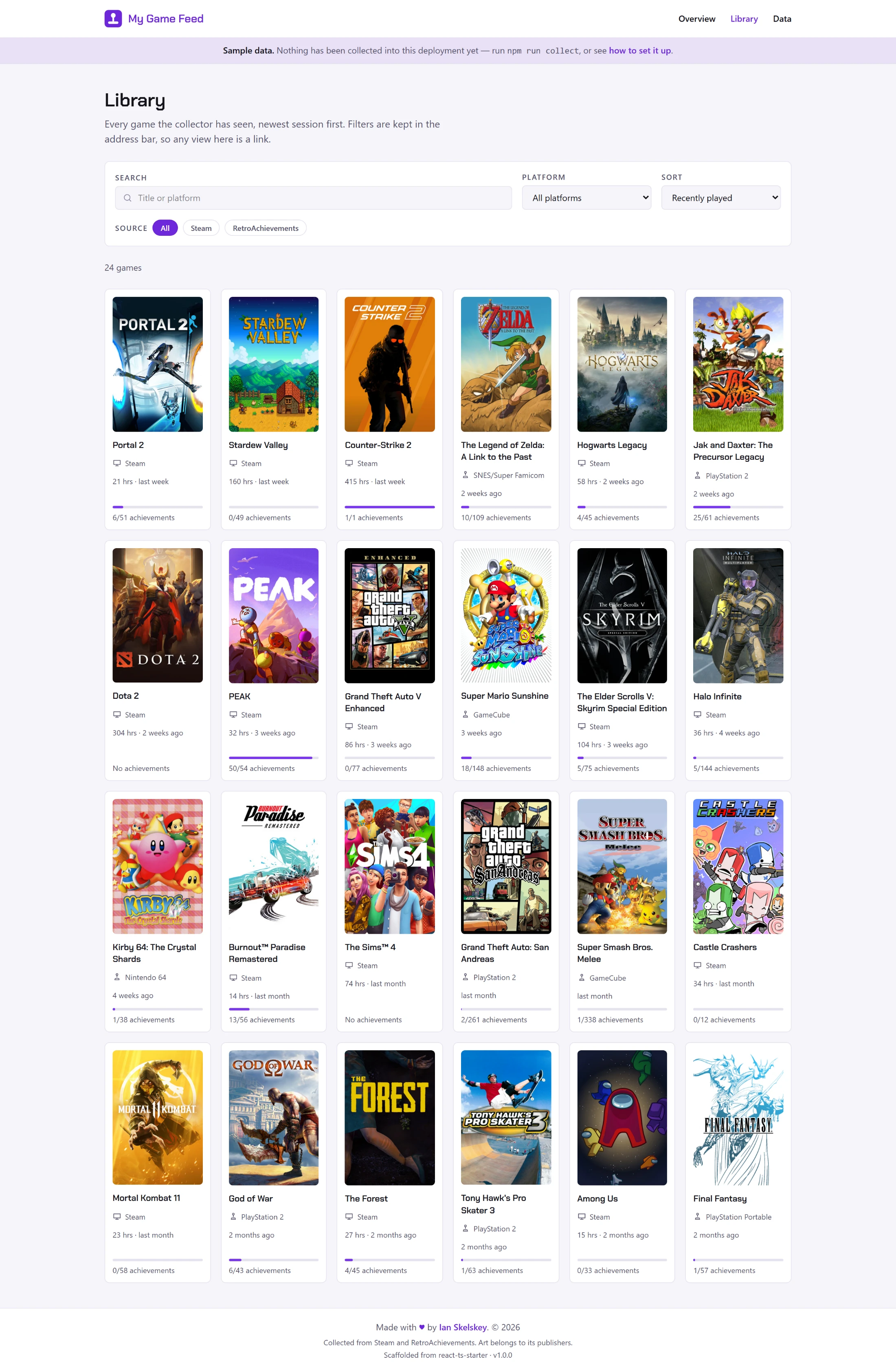 Library page showing a grid of game covers with search, platform, source, and sort controls