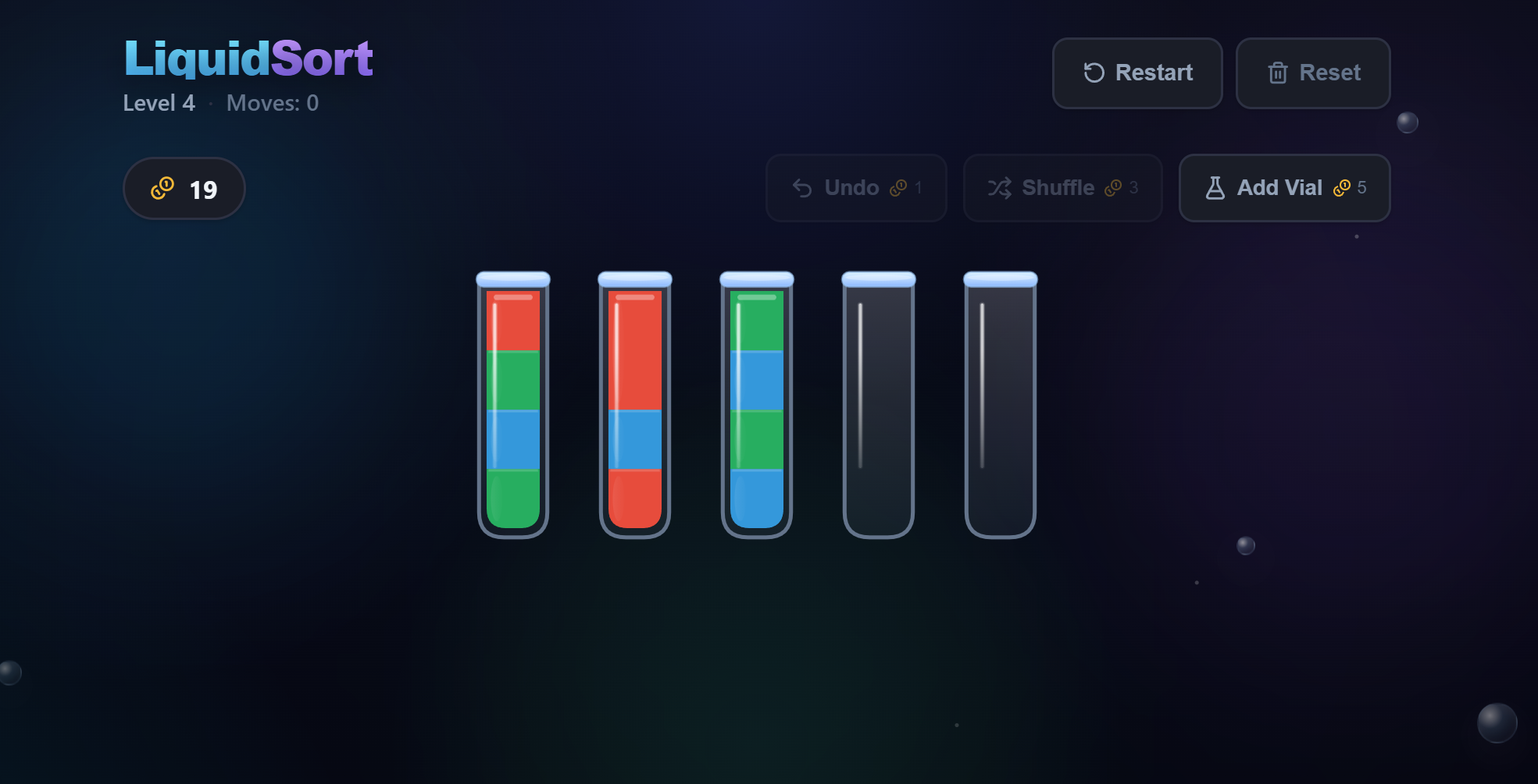 Screenshot of Liquid Sort gameplay on desktop